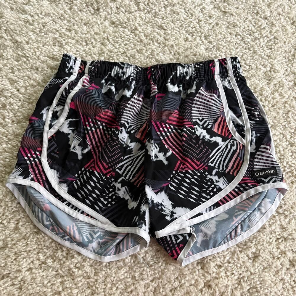 Calvin Klein Abstract Stripes Print Athletic Shorts Pink Black Small